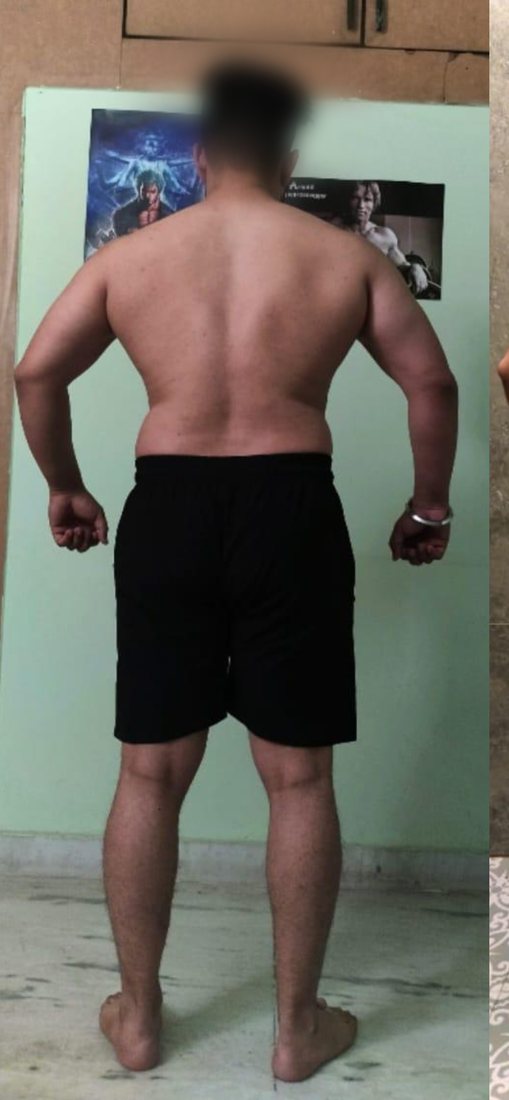 Before photo from a client fitness transformation, face softly blurred for privacy